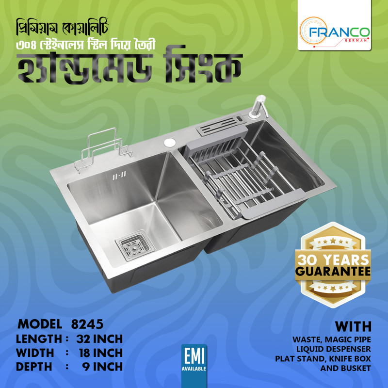 8245 32"X18"X9" INCH HIGH QUALITY LUXURY SINK HANDMADE DOUBLE BOWL